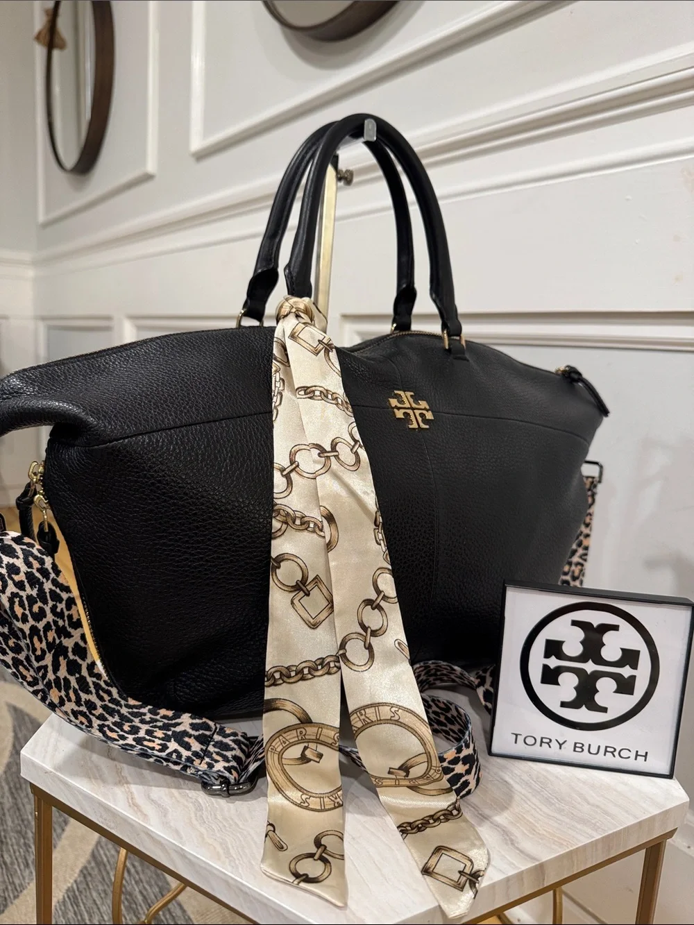 Tory Burch Bag Ivy Slouchy Black Leather Satchel with Leopard Crossbody Strap